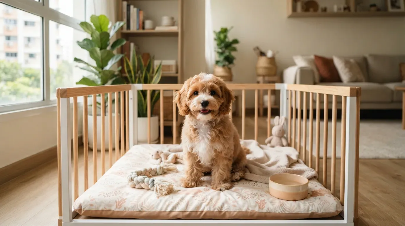 Apricot and white Cavachon puppy sitting in a set-up playpen at a Balestier home
