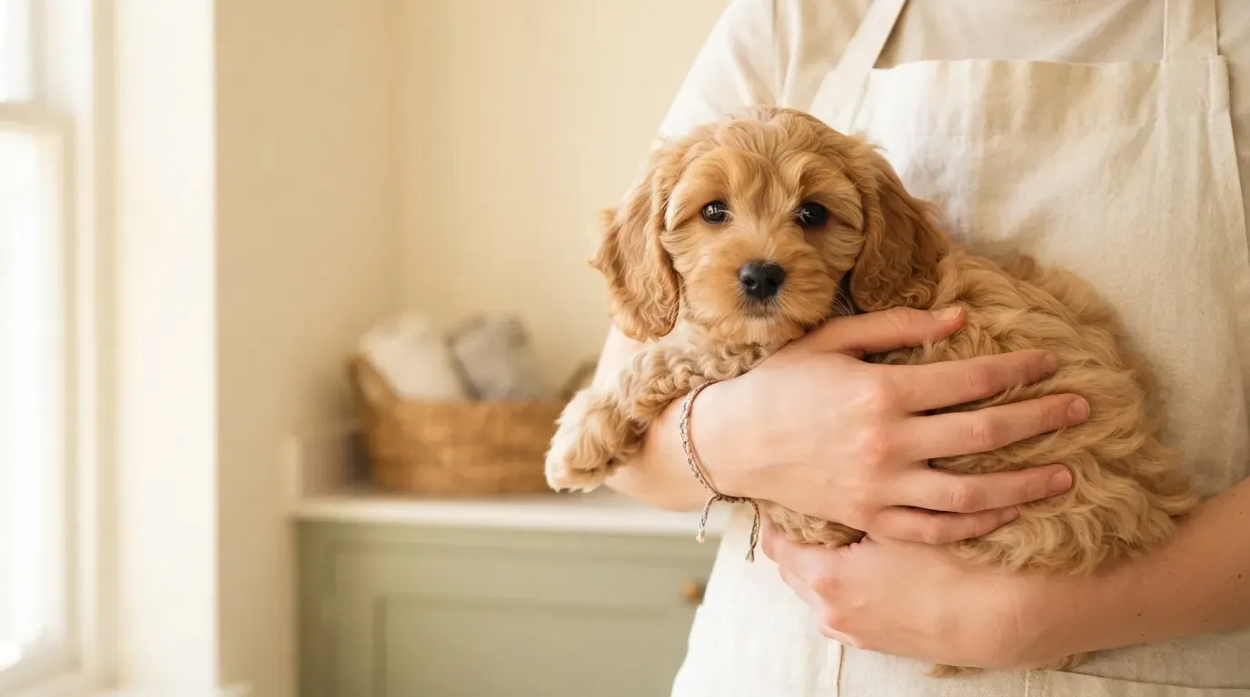 Contact Curious Tails Singapore: caregiver hands gently holding a Cavapoo puppy at the AVS licensed Balestier shop