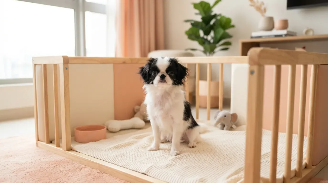Black and white Japanese Chin puppy perched elegantly in a set-up playpen at a Balestier home