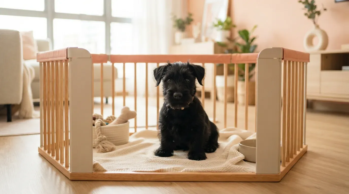 Black Scottish Terrier puppy sitting in a set-up playpen at a Balestier home