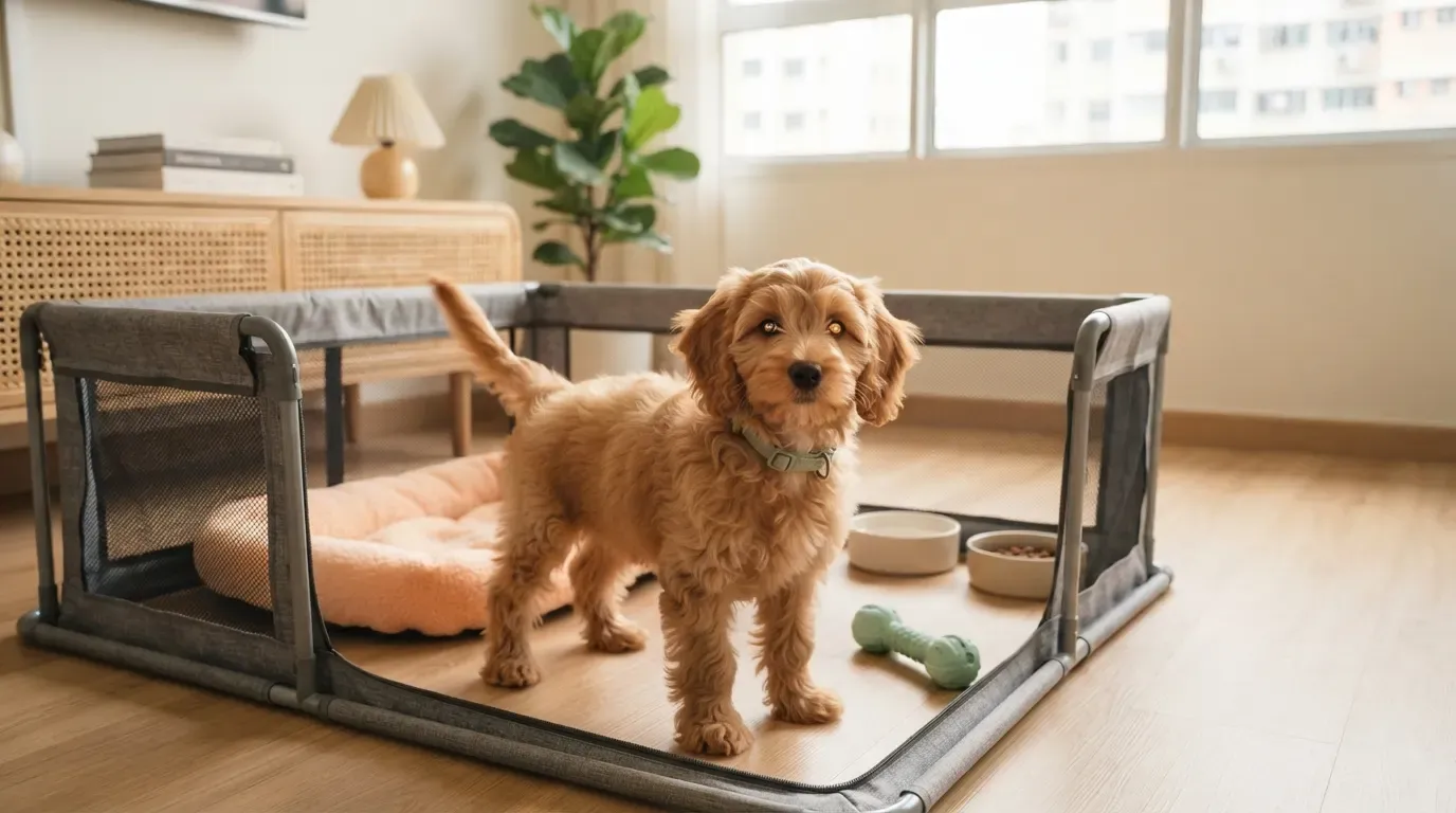 Cockapoo puppy Singapore: apricot pup with long floppy ears standing happily in its playpen at home
