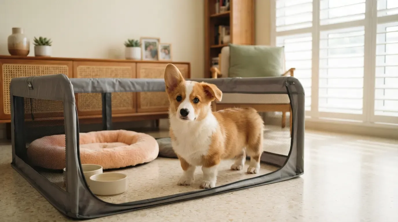 Corgi puppy Singapore: red and white Pembroke pup standing in its set-up playpen in a bright landed home