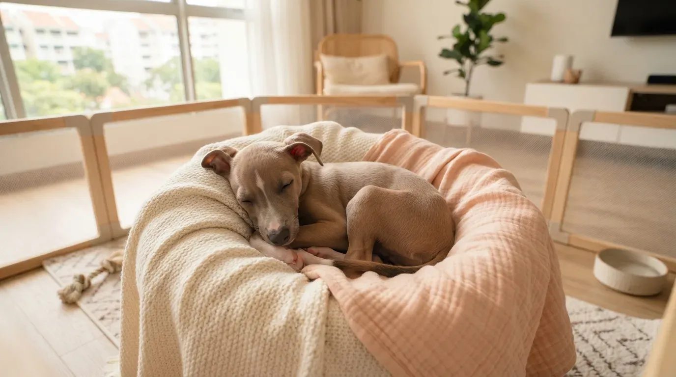 Fawn Italian Greyhound puppy curled in a blanket nest in a set-up playpen at a Balestier home