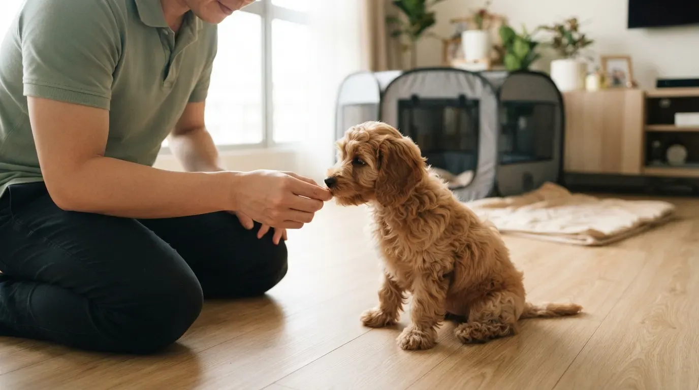 Free puppy training lesson Singapore: trainer guiding an apricot Cavapoo into a sit with a treat lure at home