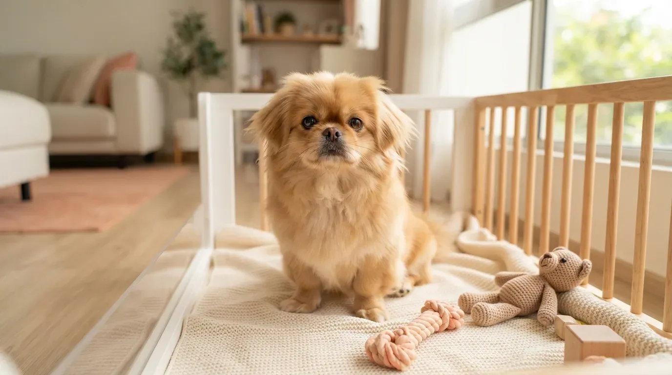 Golden Pekingese puppy with a lion mane sitting in a set-up playpen at a Balestier home