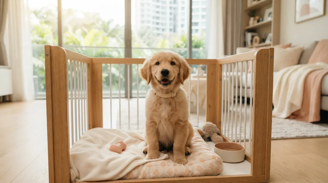 Golden Retriever puppy sitting in a set-up playpen at a Singapore condo