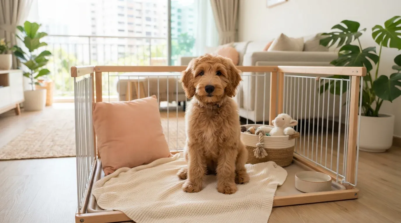 Goldendoodle puppy sitting in a set-up playpen at a Singapore condo