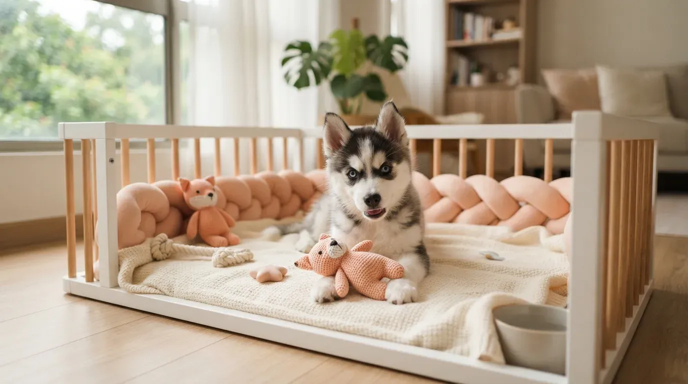 Husky-marked Pomsky puppy with blue eyes in a set-up playpen at a Singapore home
