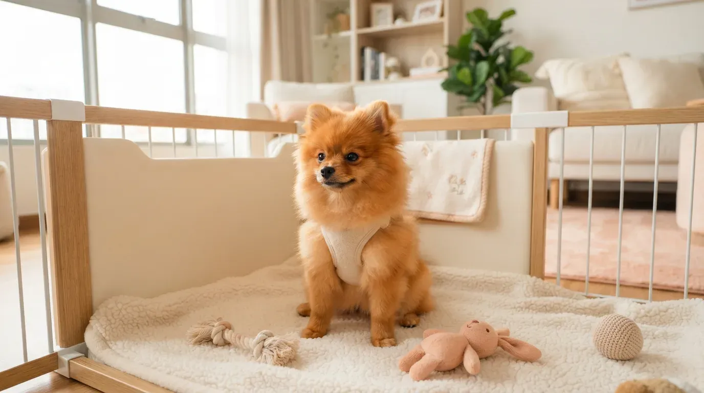 Orange Pomeranian puppy sitting in a set-up playpen at a Balestier home