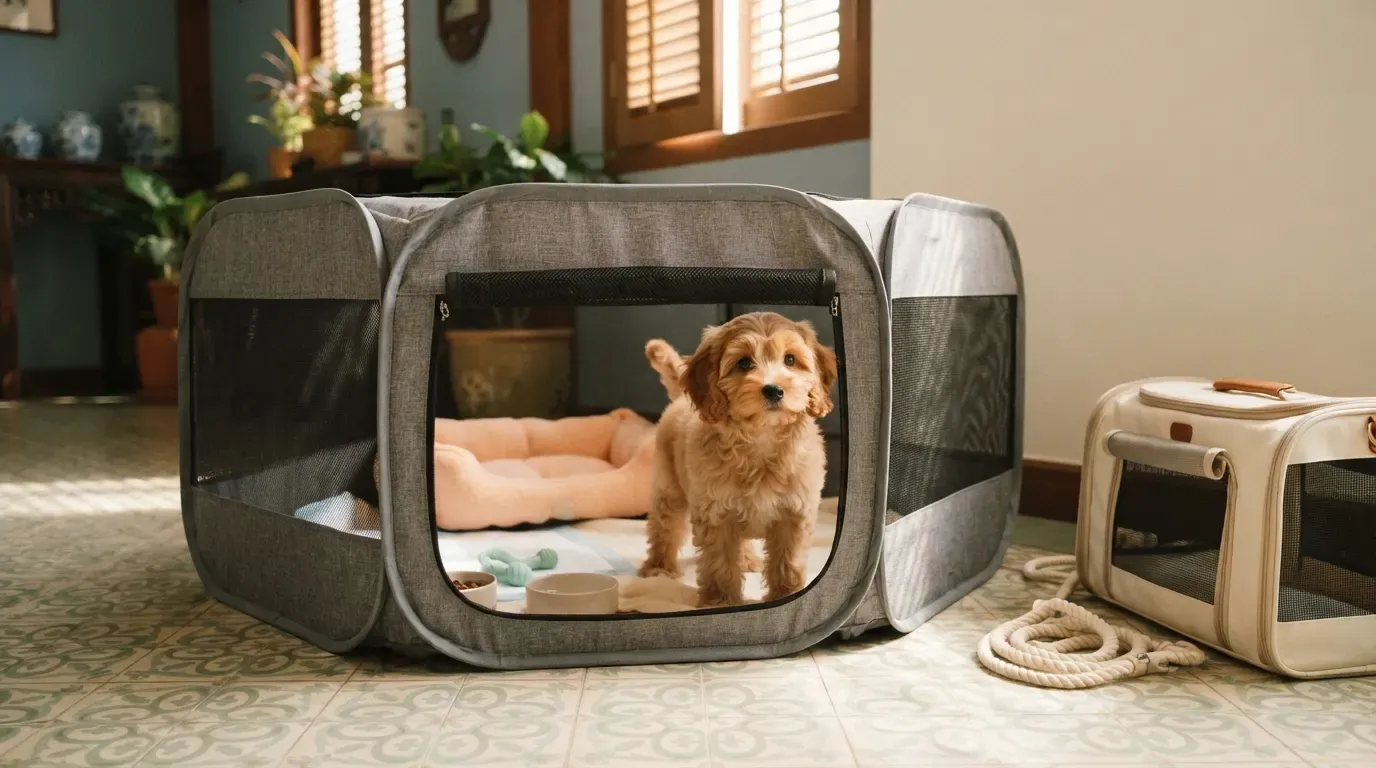 Puppy starter kit Singapore: assembled playpen with bed, bowls and toys from the 30+ item kit, apricot Cavapoo puppy inside
