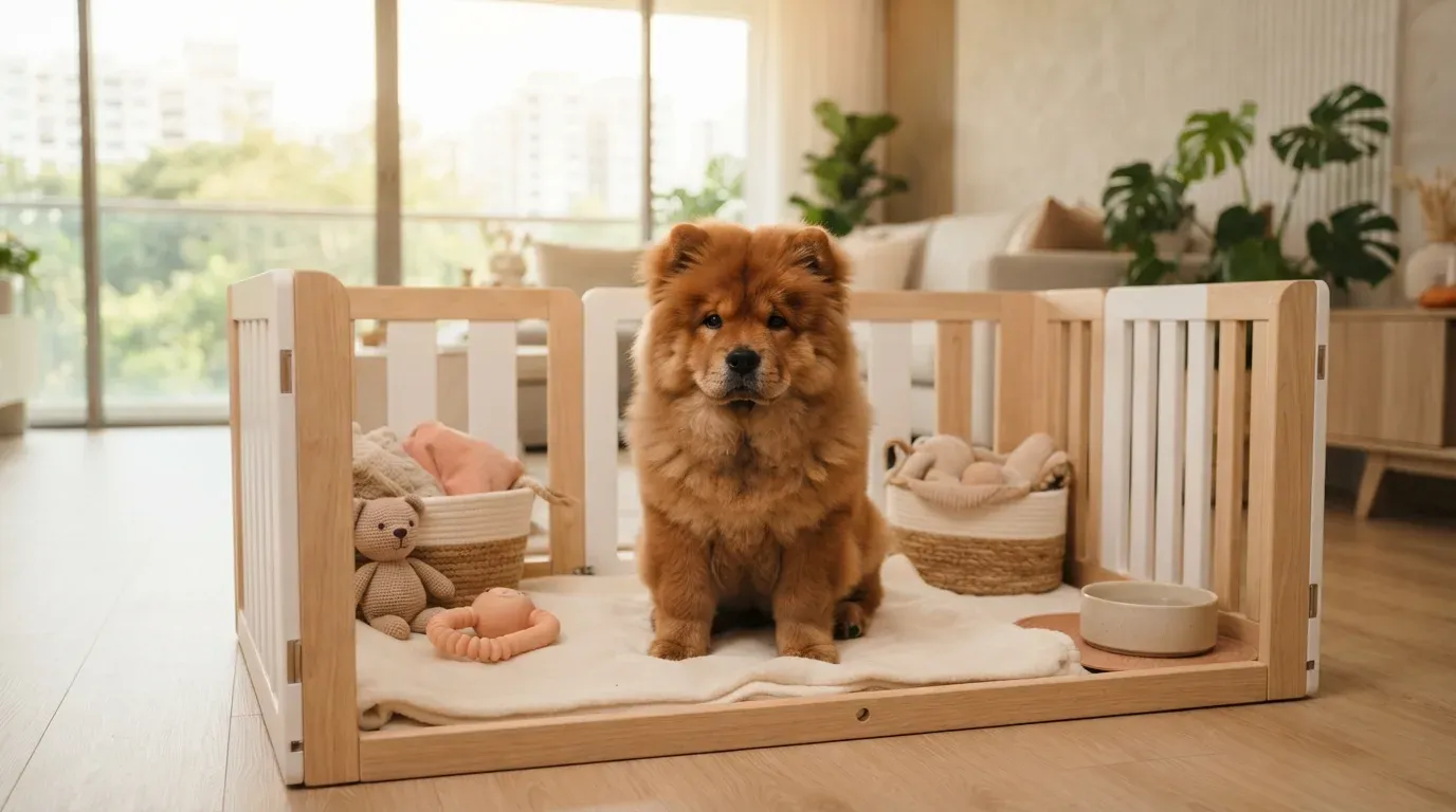 Red Chow Chow puppy with its lion mane sitting in a set-up playpen at a Singapore home