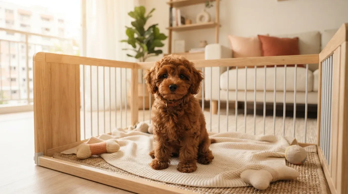 Red Toy Poodle puppy sitting in a set-up playpen at a Balestier home