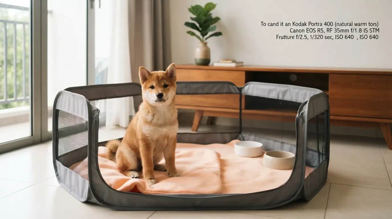 Shiba Inu puppy Singapore: red Shiba pup with cream cheeks sitting composed in its playpen at home