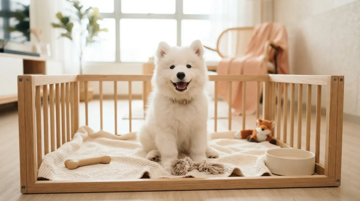 White Samoyed puppy with the classic Sammy smile in a set-up playpen at a Singapore home