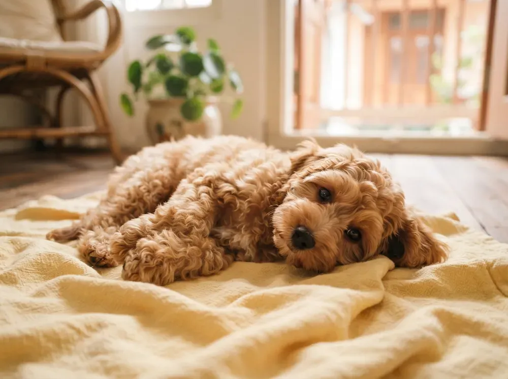 Warm golden female Cavapoochon puppy available in Singapore