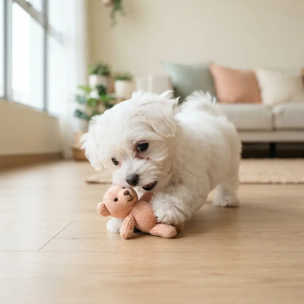Petite snow-white female Maltese puppy playing with a plush toy
