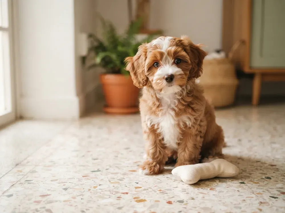 Red and white male Cavapoochon puppy available in Singapore