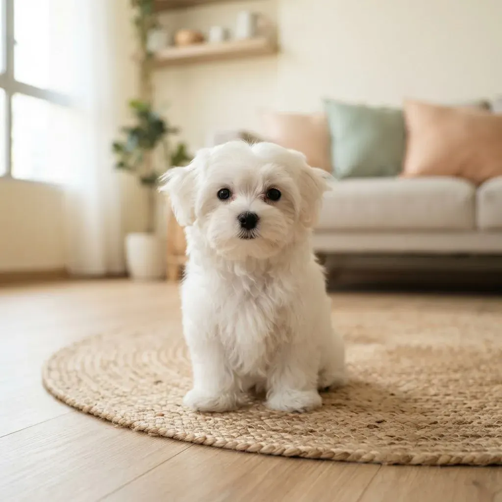 White female Maltese puppy with a longer silky coat sitting on a cotton mat