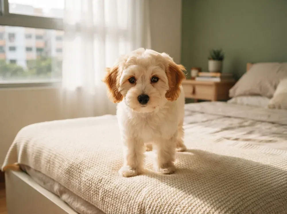 Cream male Cavapoochon puppy available in Singapore