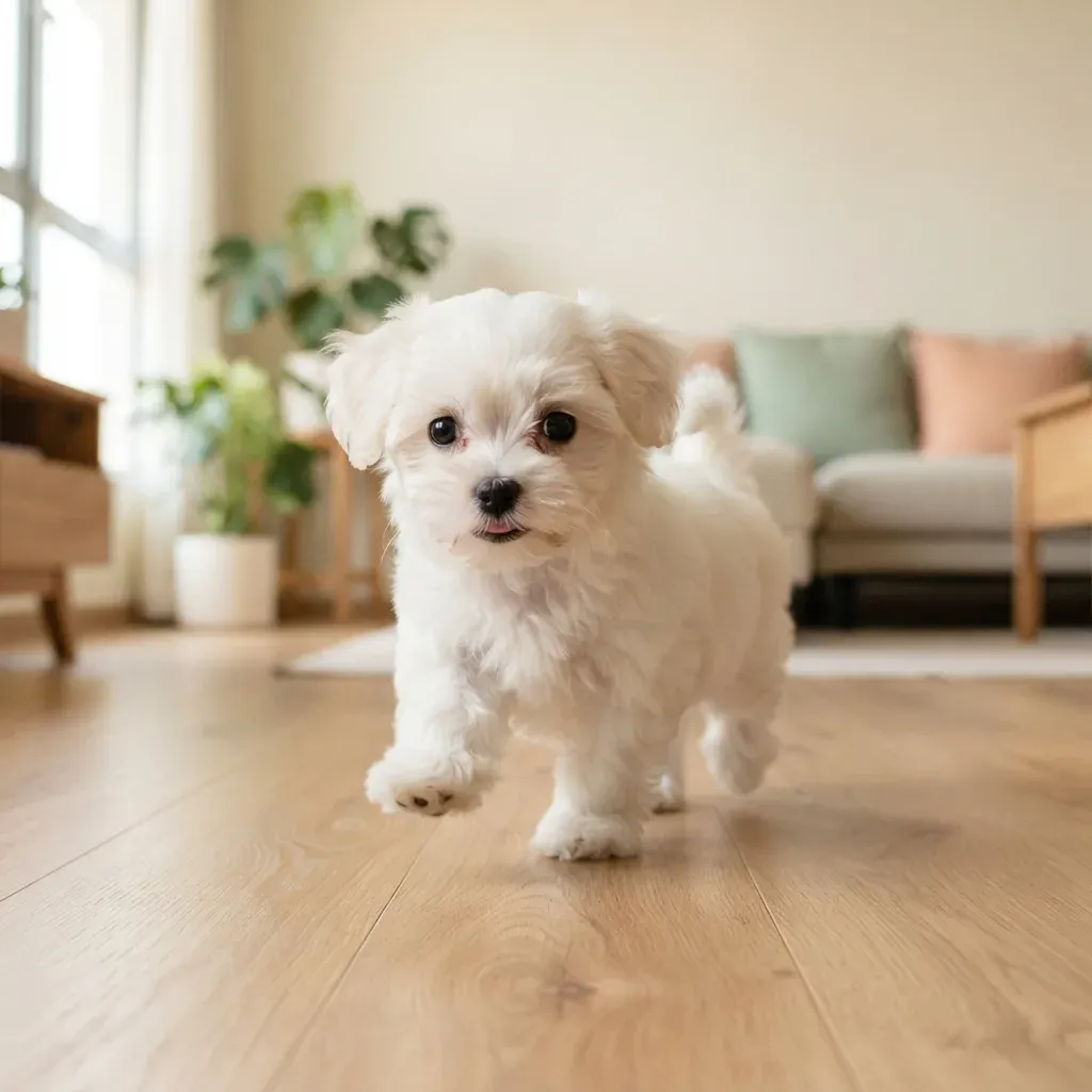 Ivory male Maltese puppy trotting toward the camera