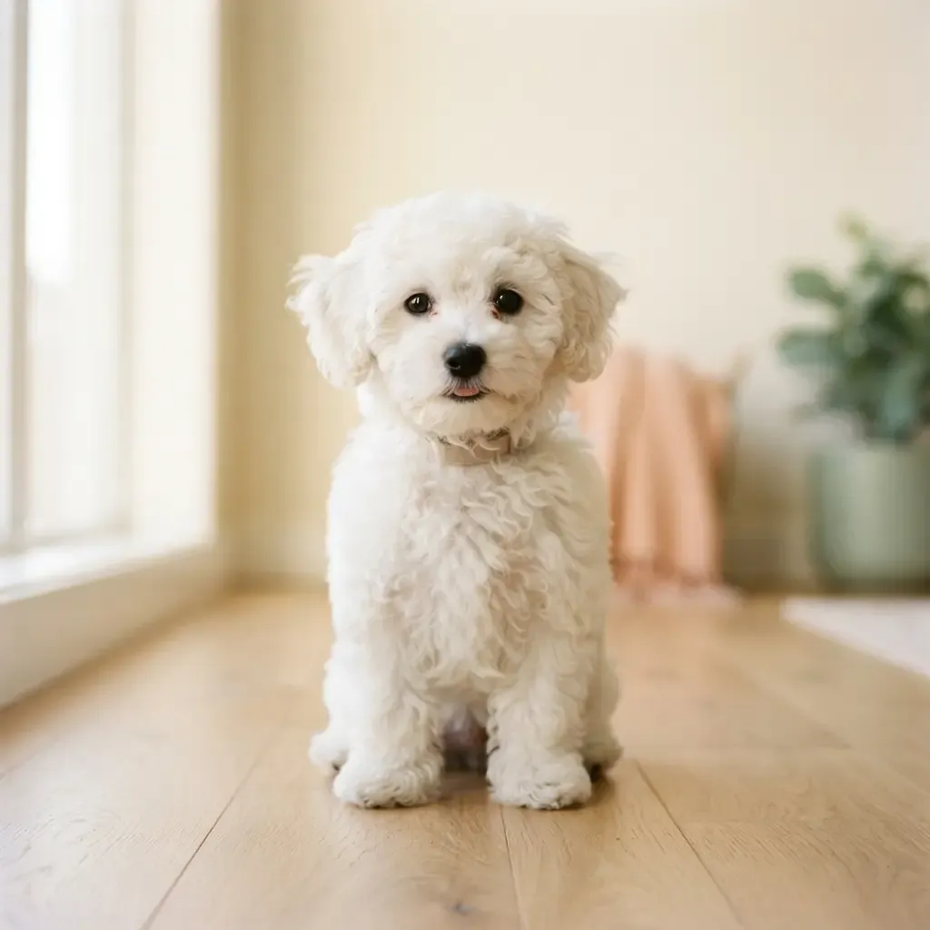 White Bichonpoo puppy, an HDB-approved low-shedding cross