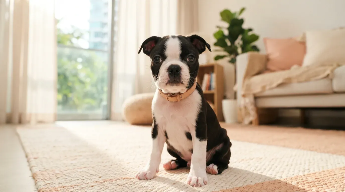 Black and white Boston Terrier puppy portrait, one of the Boston Terrier puppies available in Singapore