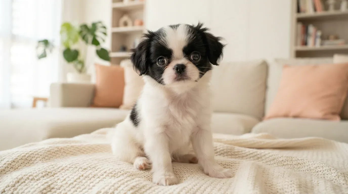 Black and white Japanese Chin puppy portrait, one of the Chin puppies available in Singapore