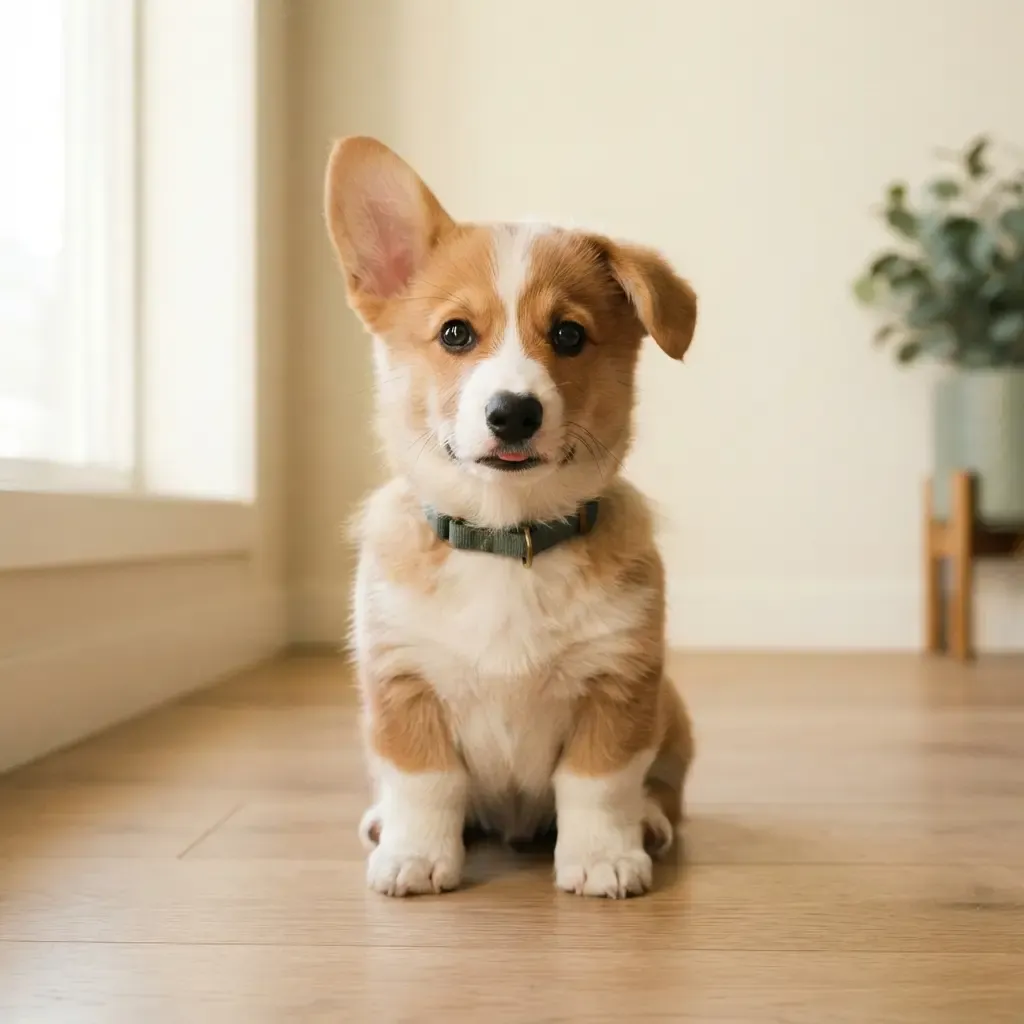 Red and white Corgi puppy available in Singapore, seated portrait with one ear up