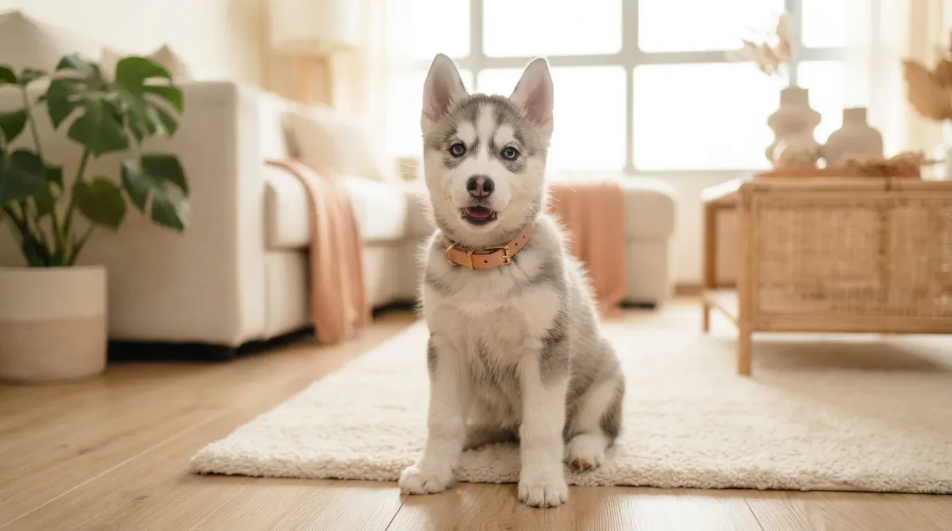 Grey and white Siberian Husky puppy portrait, one of the Husky puppies available in Singapore