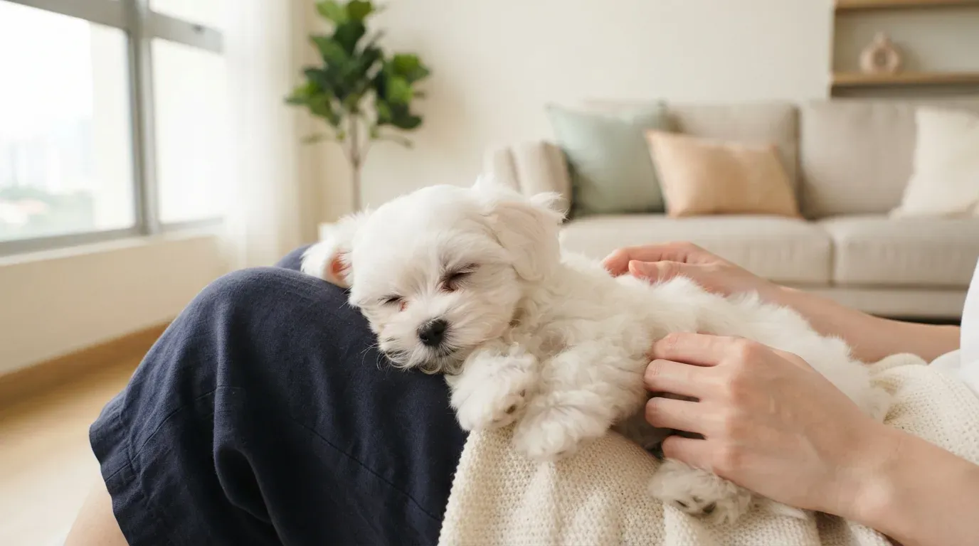 White male Maltese puppy cuddled close on a caregiver's lap