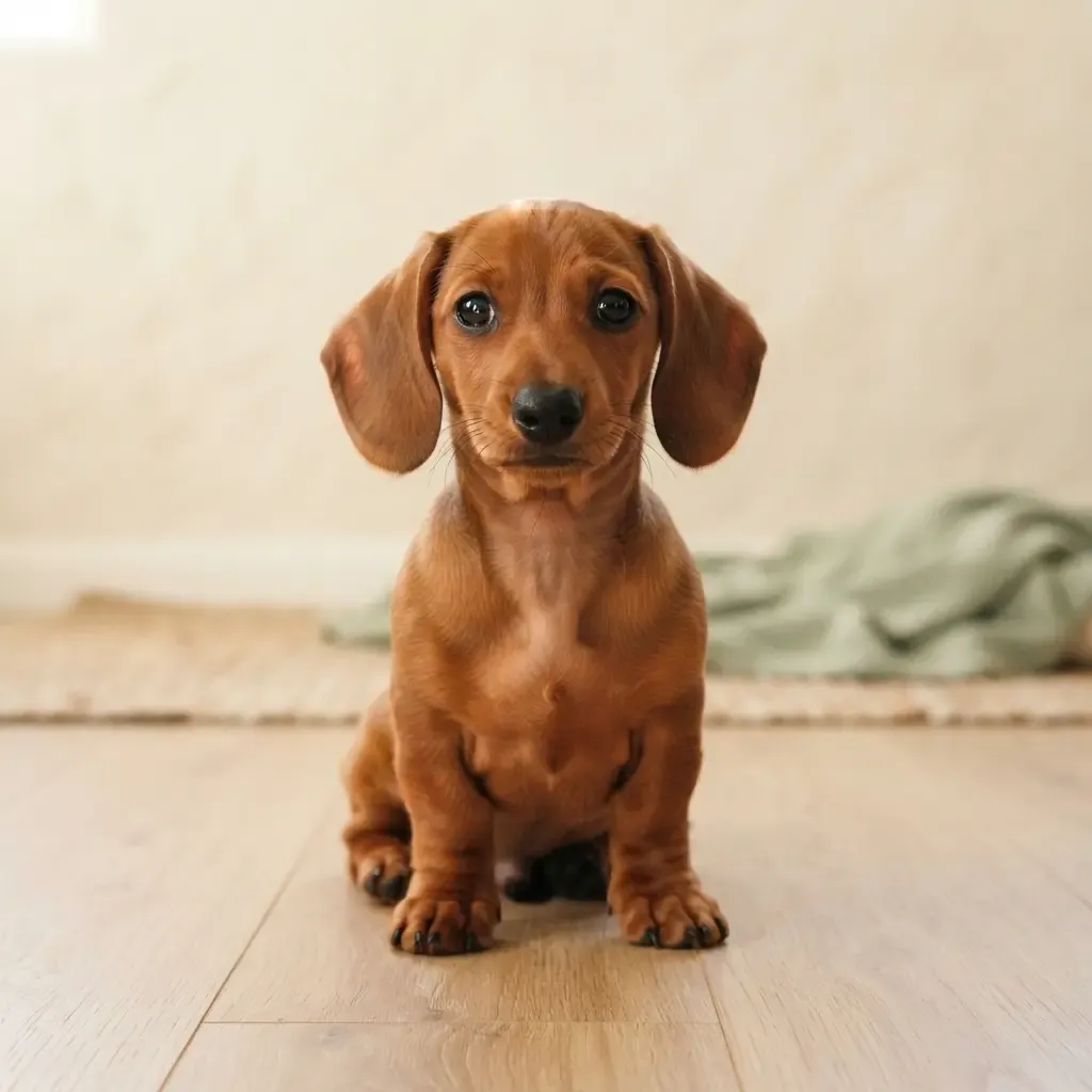 Red smooth-coat Mini Dachshund puppy available in Singapore, seated portrait