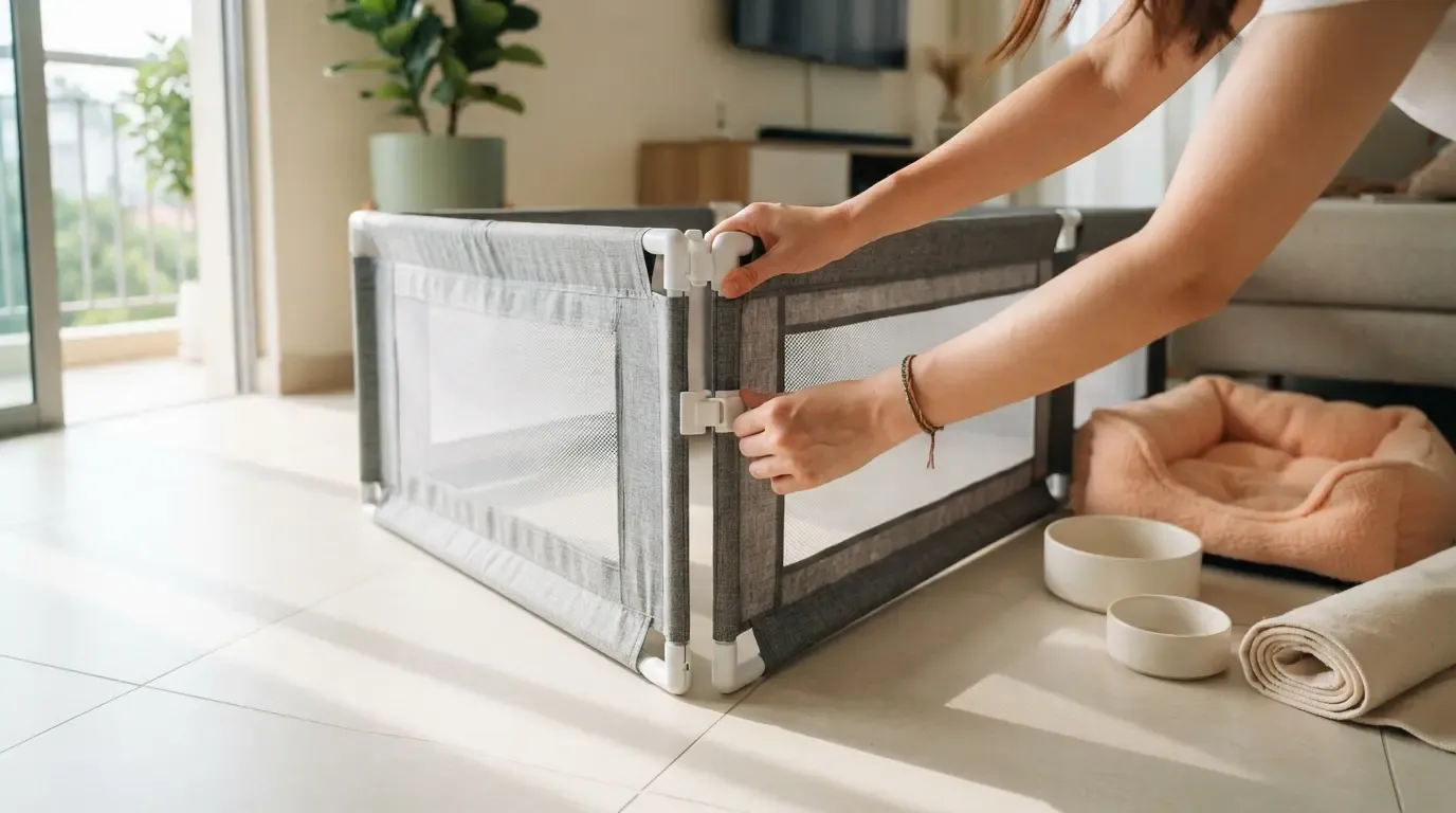 Playpen setup included with puppy delivery: hands assembling the fabric playpen panels in a Singapore living room