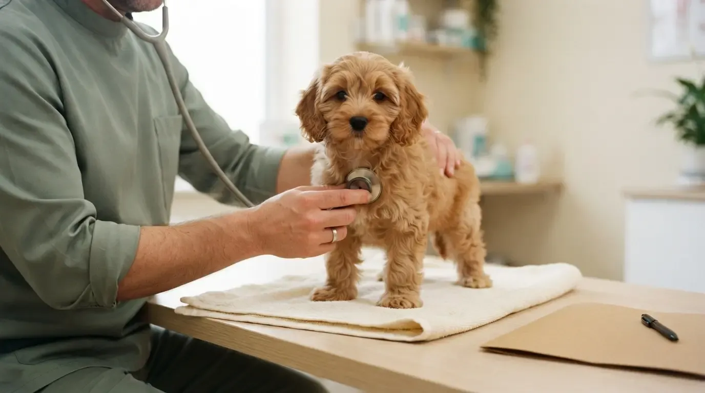 Puppy vaccinations Singapore: Cavapoo puppy calm during a stethoscope health check before homecoming
