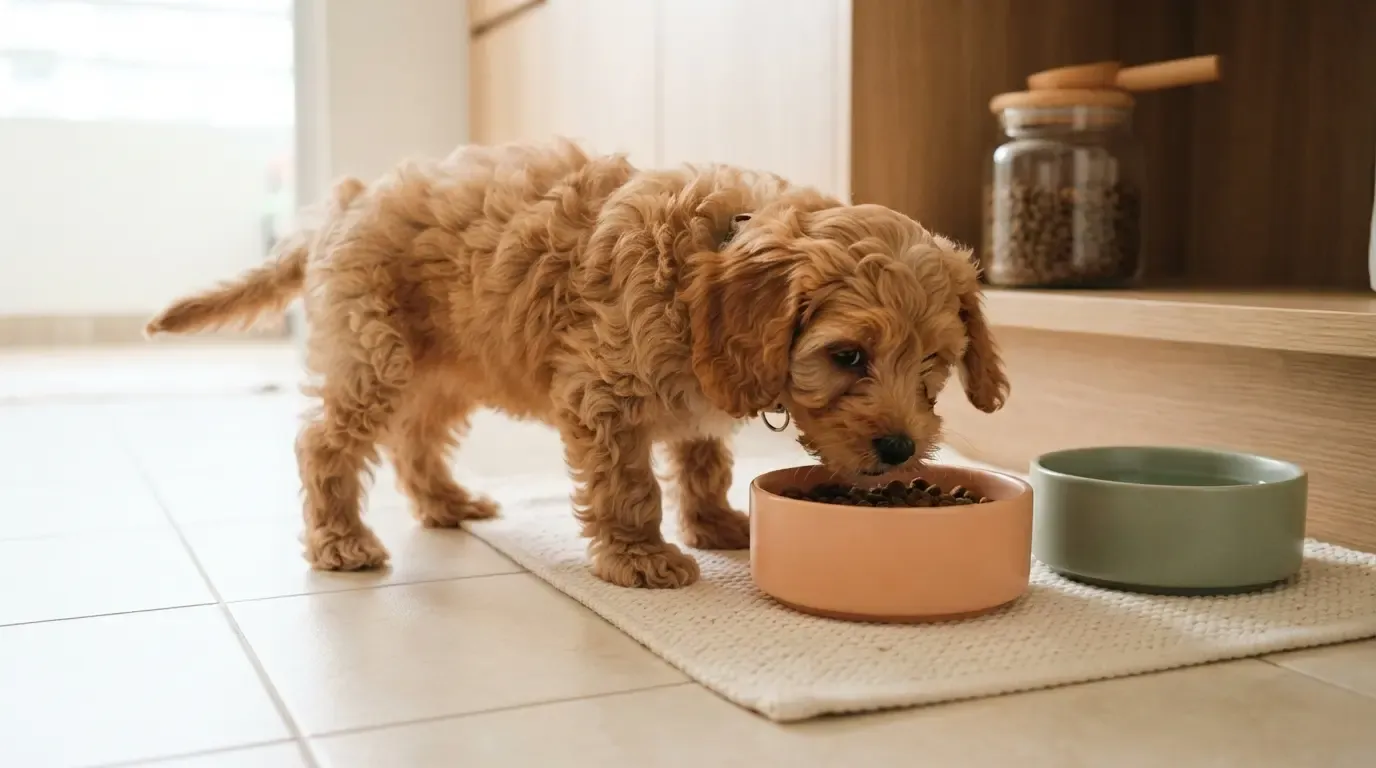 Puppy feeding routine: Cavapoo eating from its ceramic bowl at a fixed mealtime in a Singapore kitchen