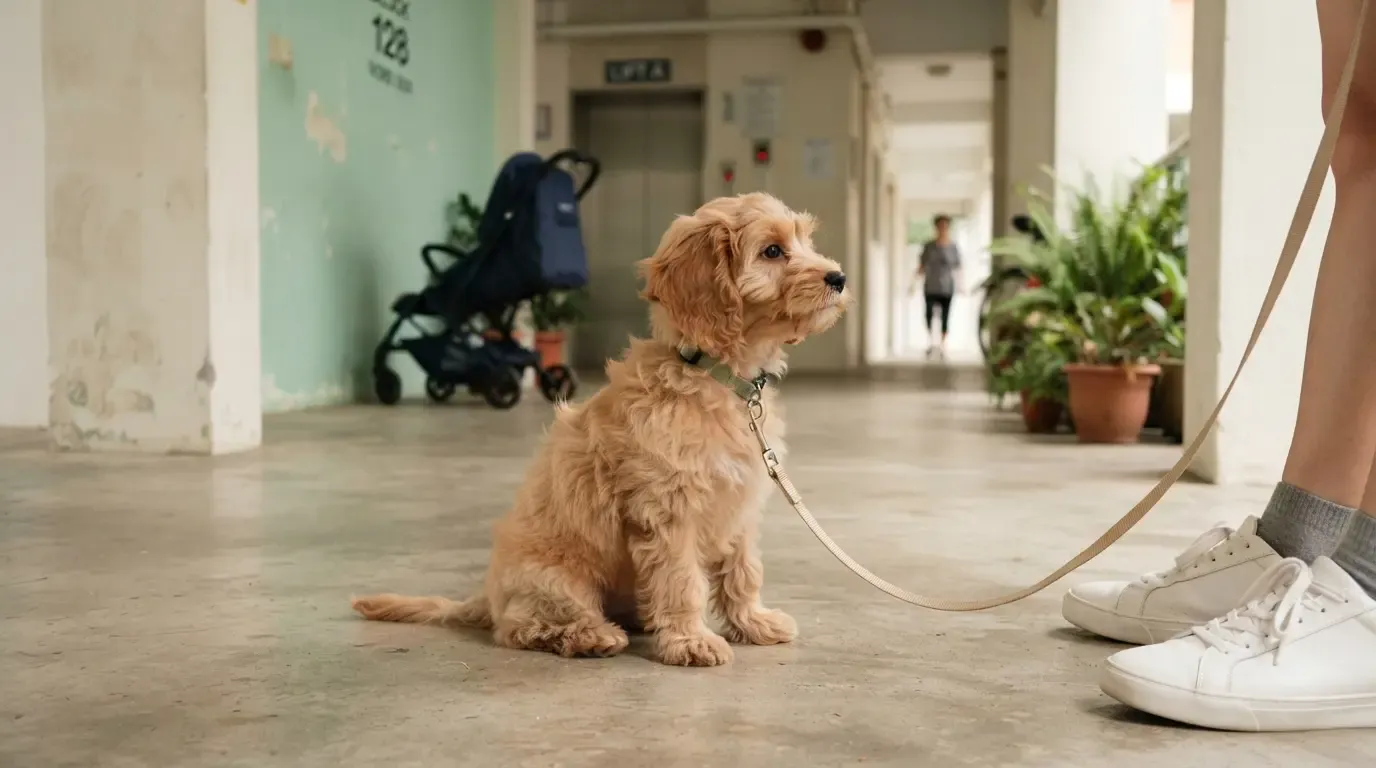 Puppy socialisation window: Cavapoo calmly observing a Singapore void deck from its walker's side