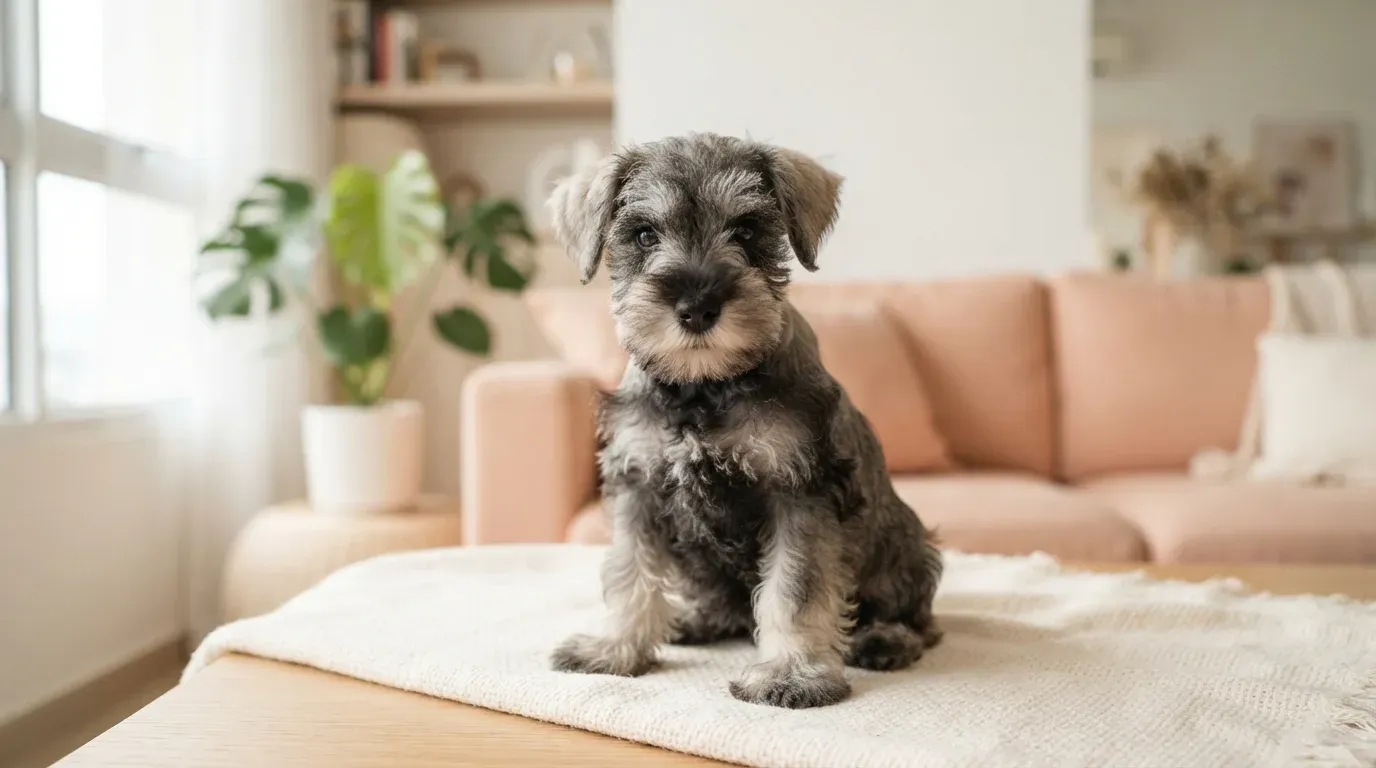 Salt and pepper Miniature Schnauzer puppy portrait, one of the Mini Schnauzer puppies available in Singapore