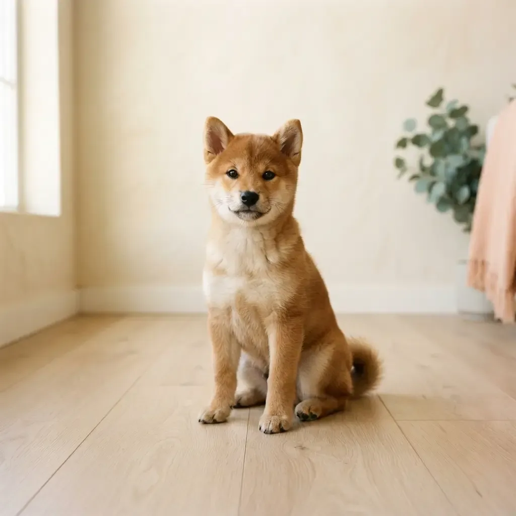 Red Shiba Inu puppy available in Singapore, seated portrait with curled tail