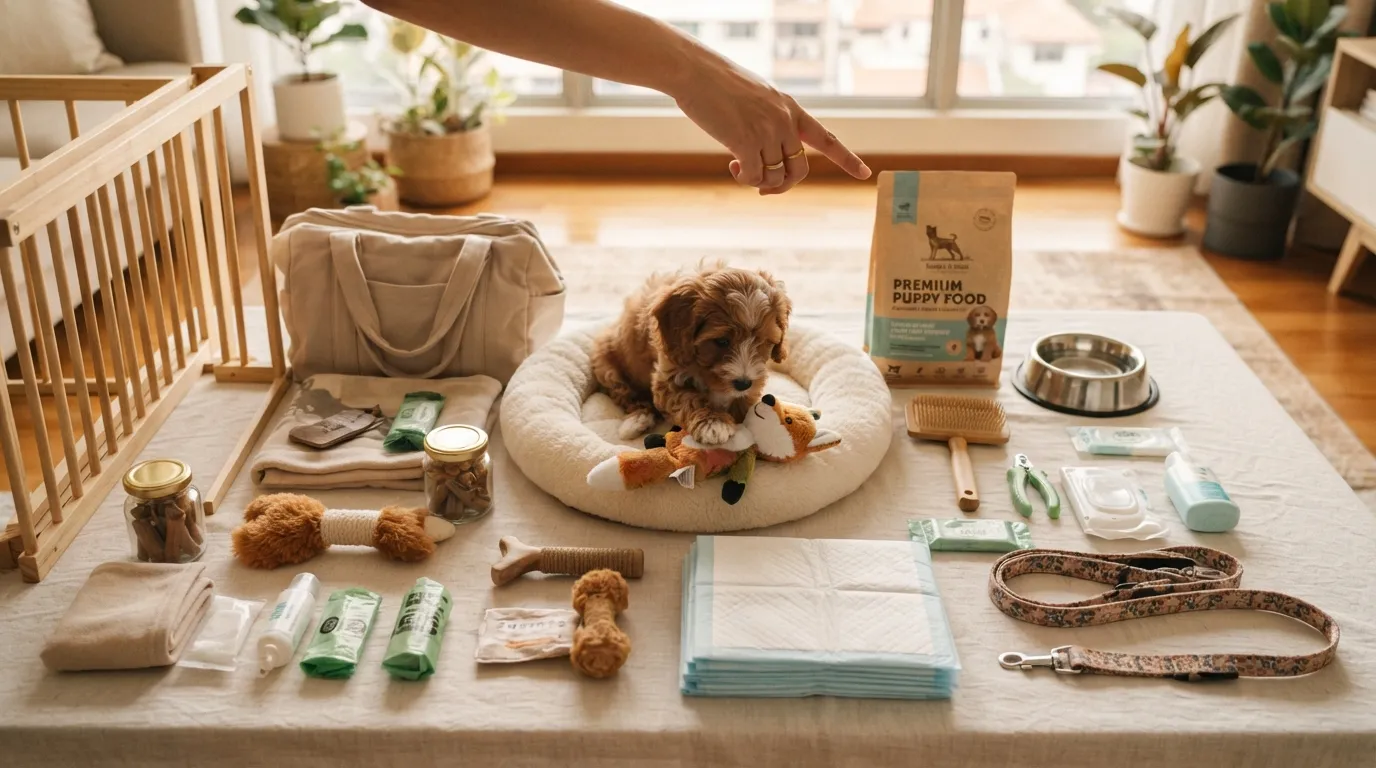Puppy starter kit with playpen, carrier, grooming tools, food and toys laid out