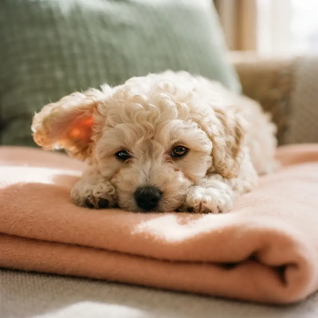 Cream female Bichonpoo puppy relaxing on a peach blanket