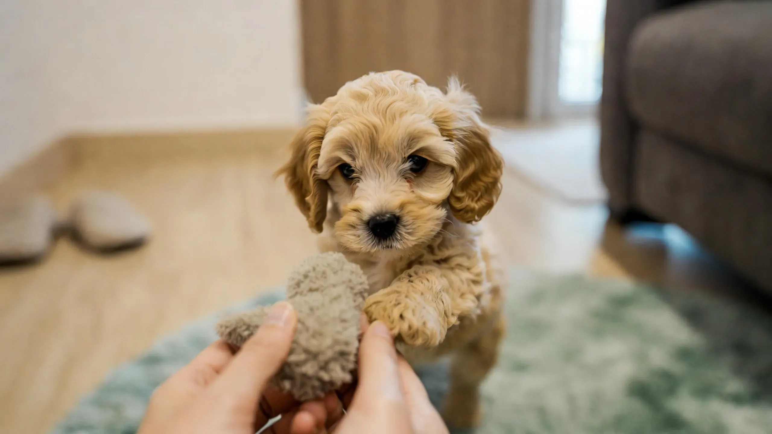 Blenheim female Cavapoo puppy settled in a family living room