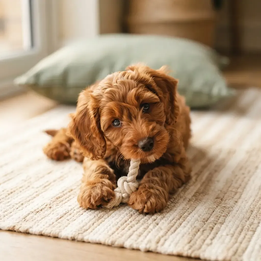 Red female Cockapoo puppy playing with a rope toy