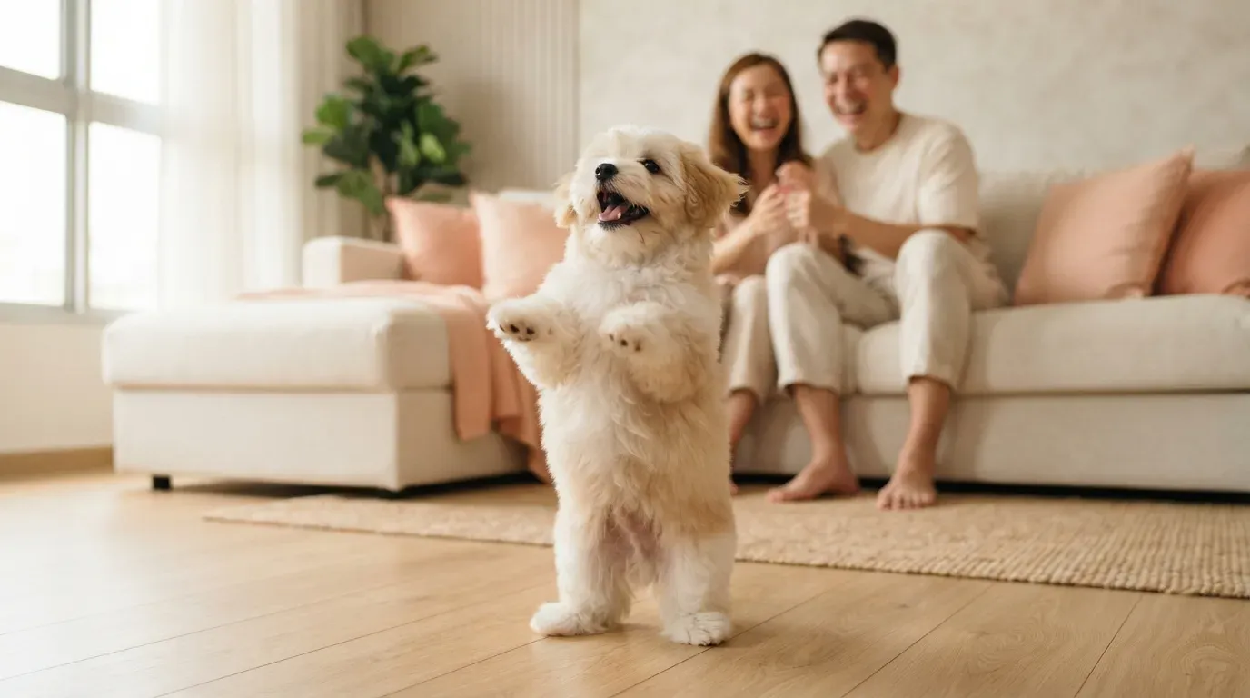 Coton de Tulear puppy clowning on its hind legs for its family