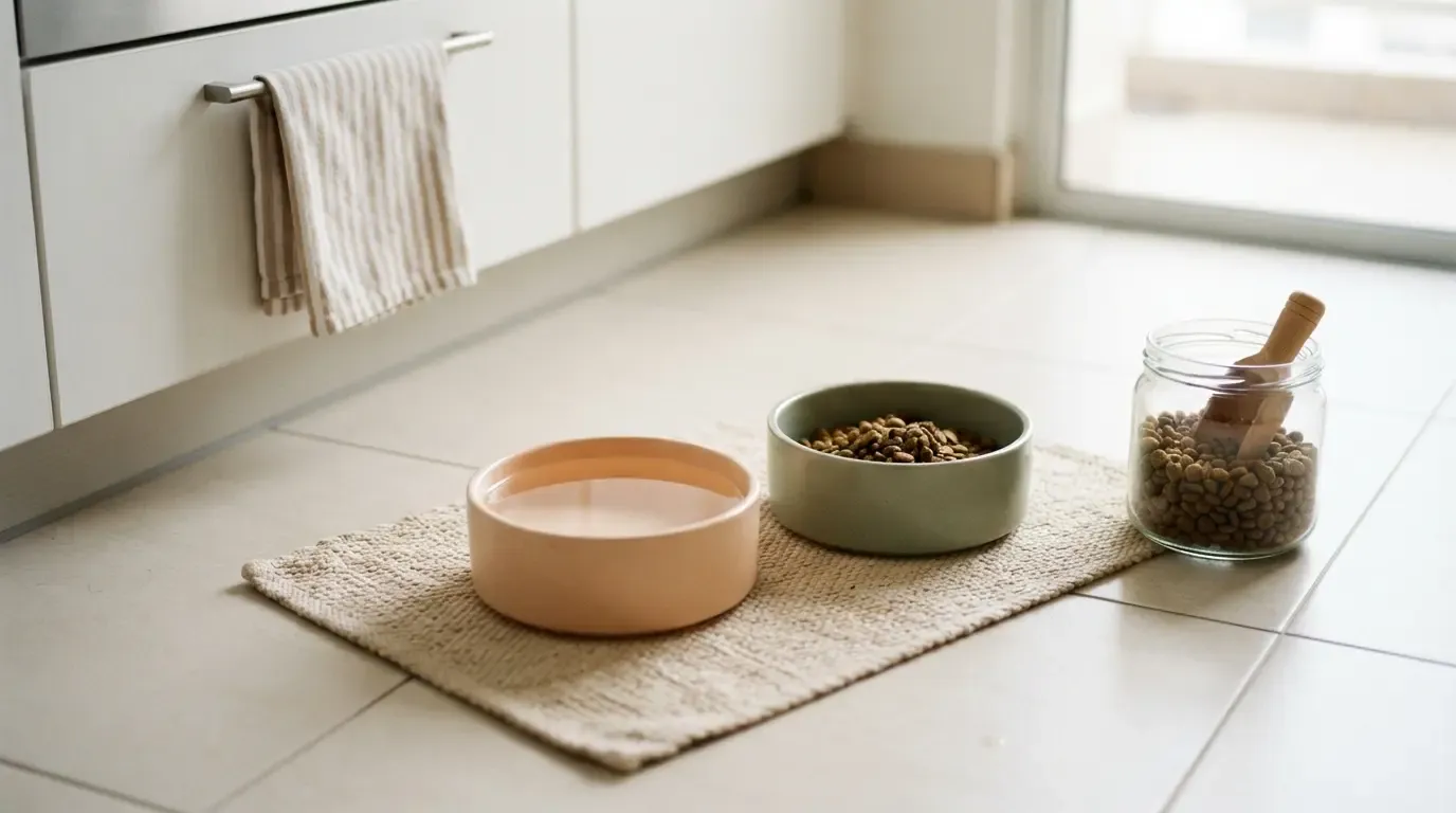 Feeding items from the puppy starter kit: ceramic bowls, small-breed puppy food and a scoop on a kitchen floor