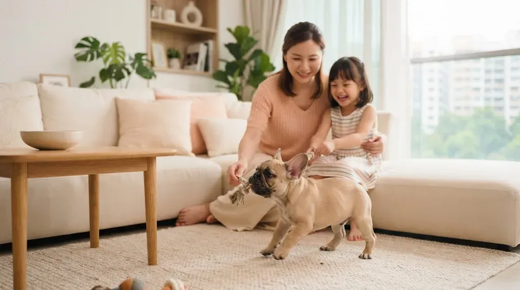 French Bulldog puppy playing gently with a family in a condo living room
