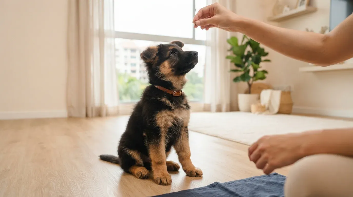 German Shepherd puppy learning to sit during an early training session