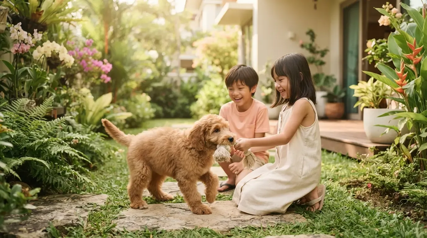 Goldendoodle puppy playing gently with children in a garden