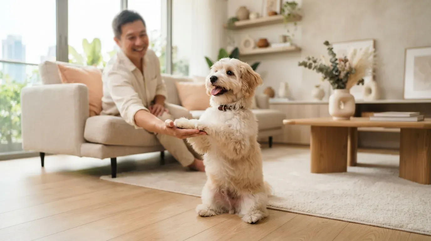 Havanese puppy performing a trick for its family in the living room