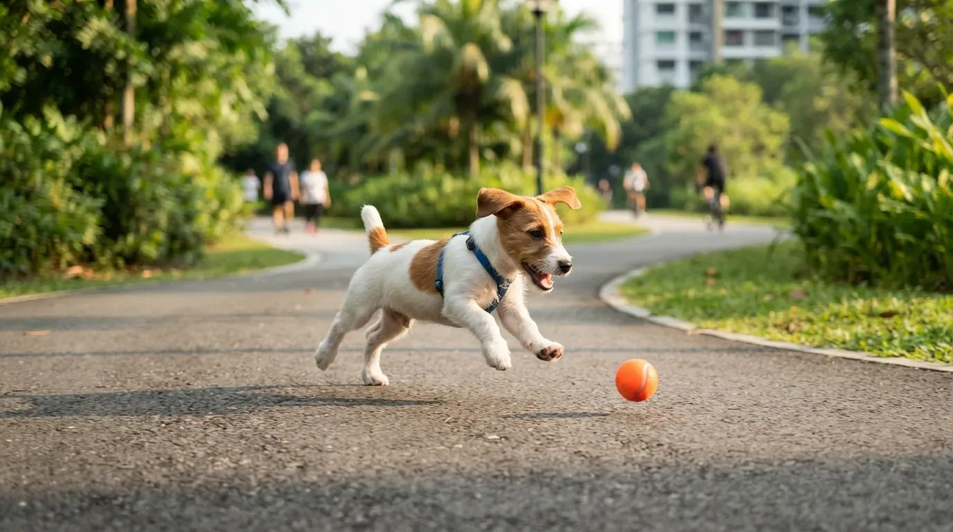 Jack Russell Terrier puppy sprinting after a ball at a park connector