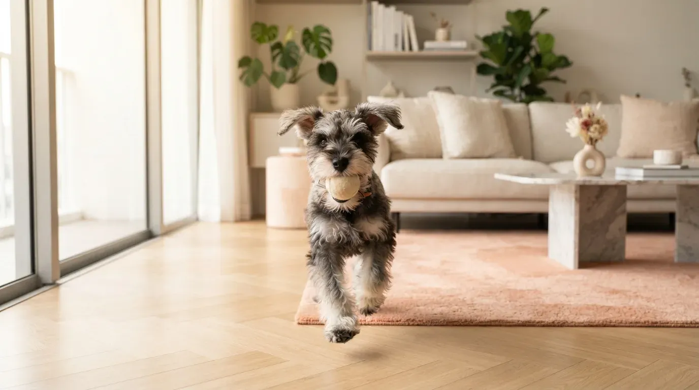 Miniature Schnauzer puppy playing fetch in a living room
