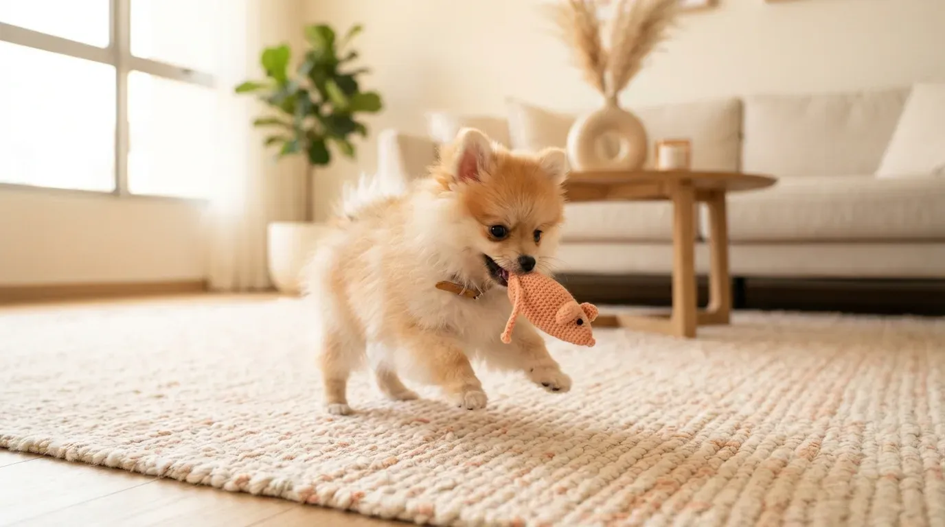 Pomeranian puppy playing confidently on a living room rug